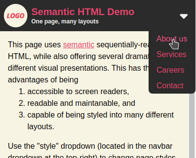 The dropdown menu in the "Mobile" layout of the demo project