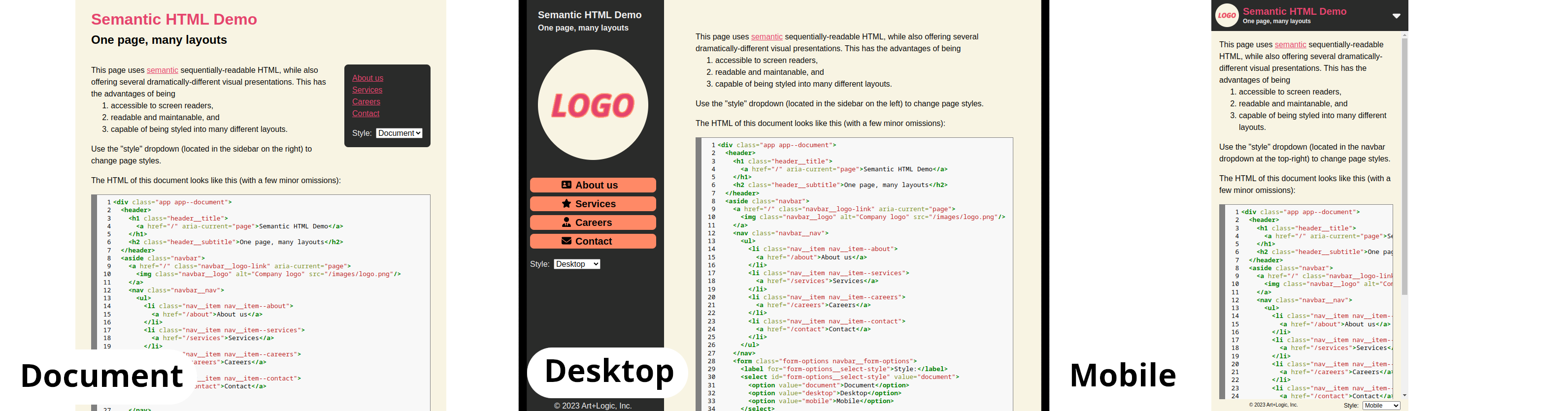 A preview of the demo page styles
