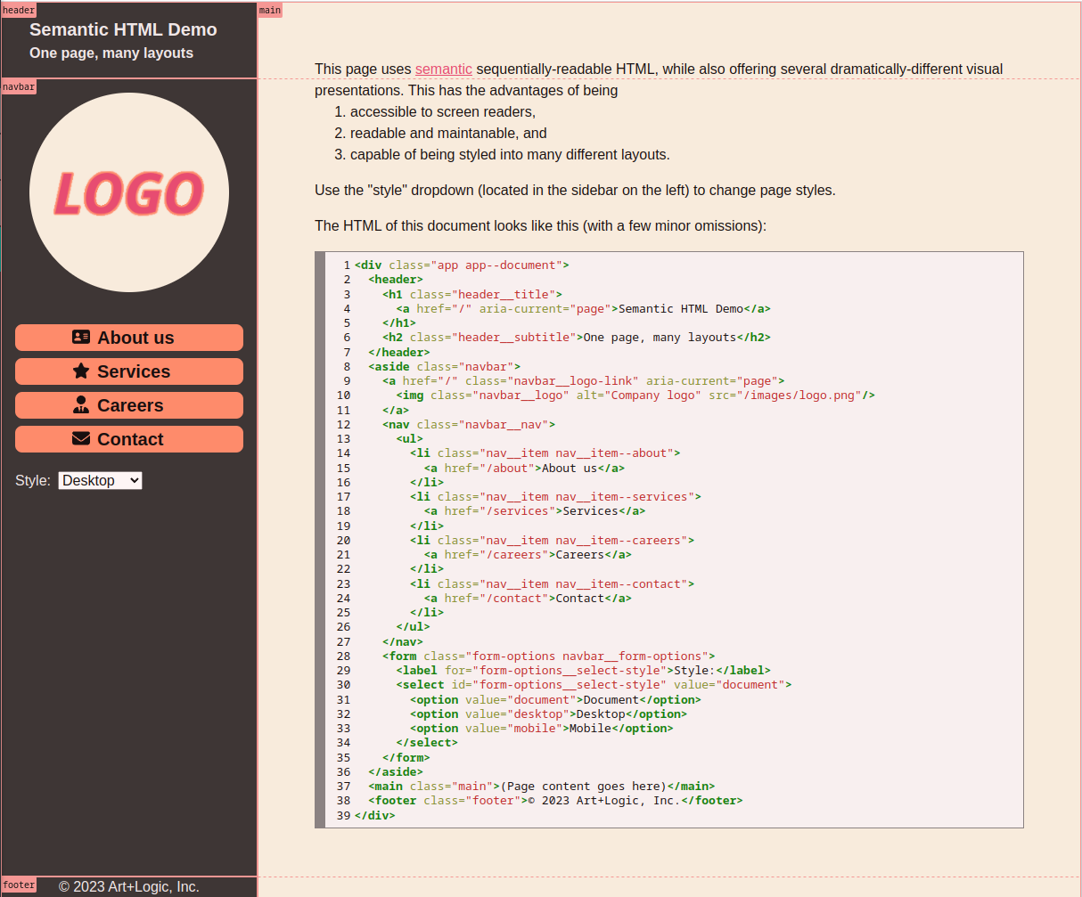 The demo "Desktop" layout, with Chrome debugging applied to identify the grid areas