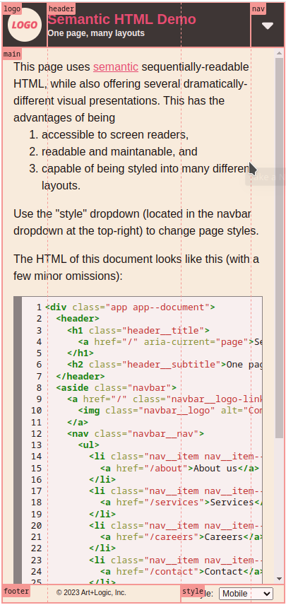The demo "Mobile" layout, with Chrome debugging applied to identify the grid areas