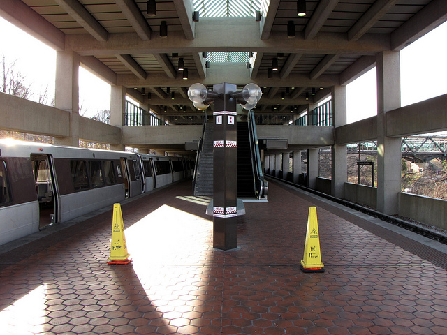 Two train platforms; two warning pylons