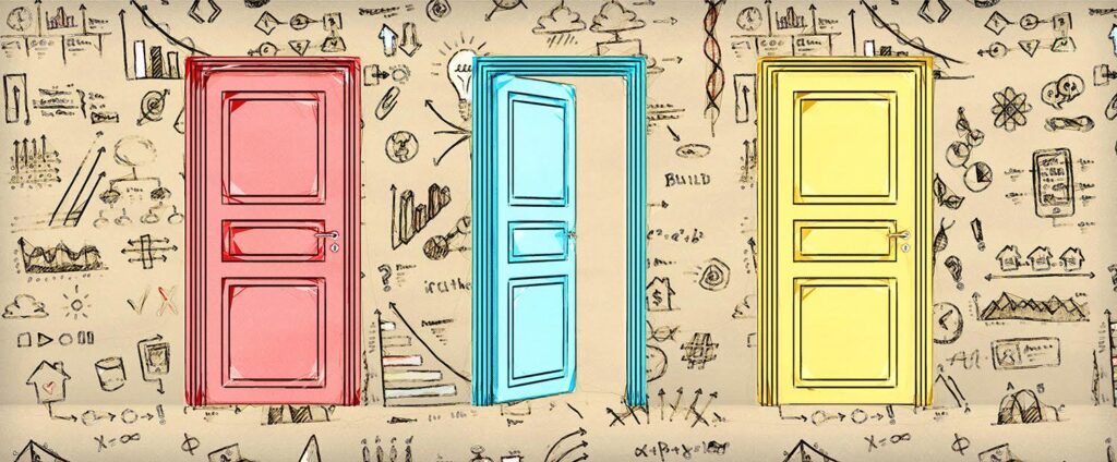 Three doors, a teal one opened, to represent the process of deciding on a custom software development company
