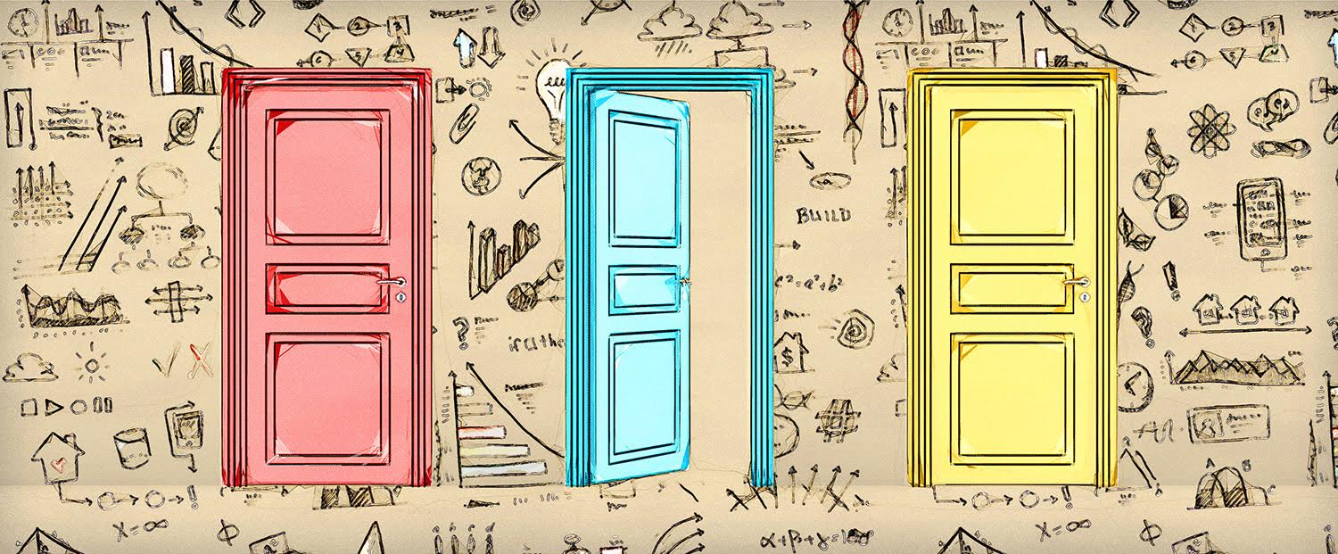 Three doors, a teal one opened, to represent the process of deciding on a custom software development company