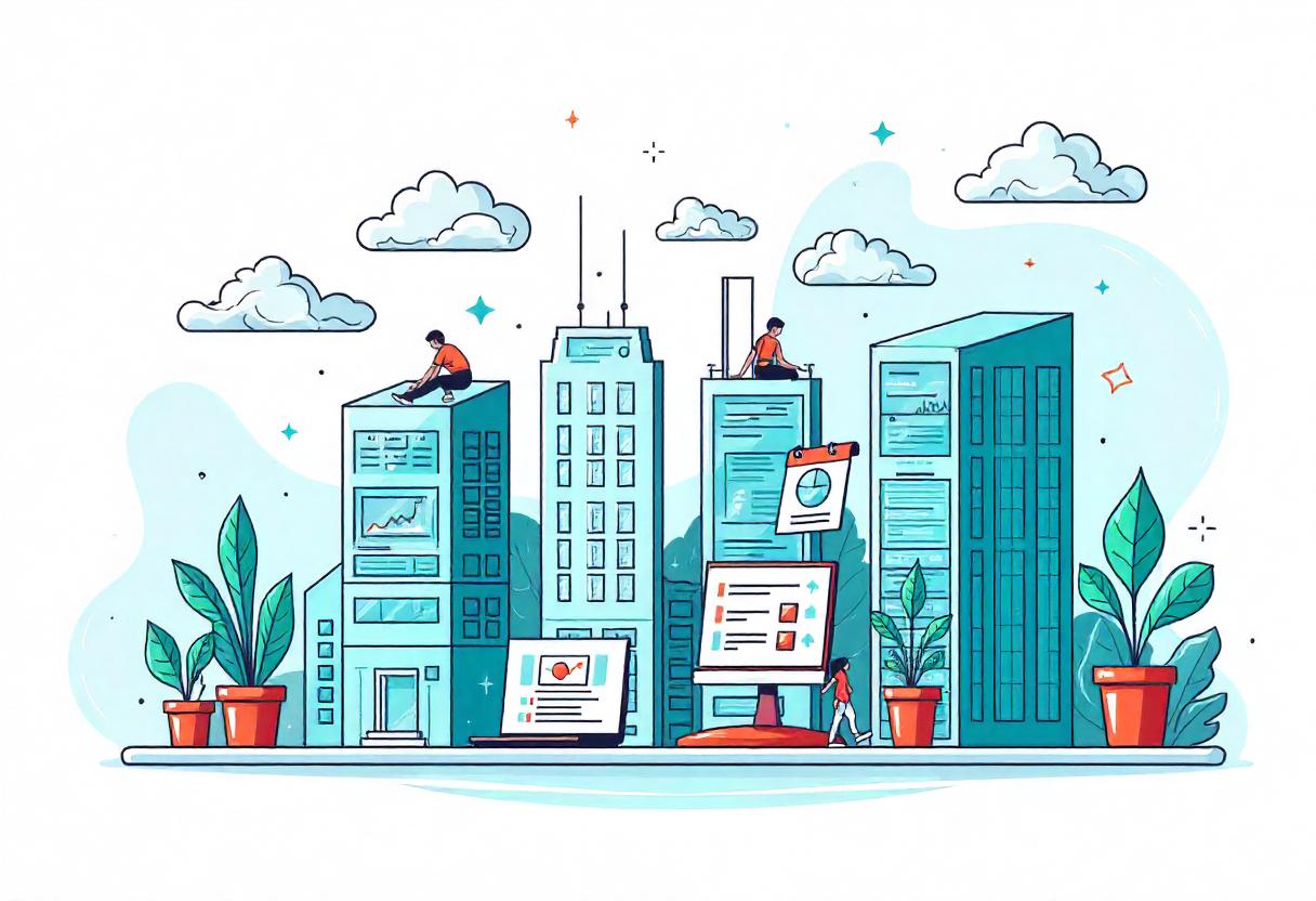 illustration of construction vehicles and software